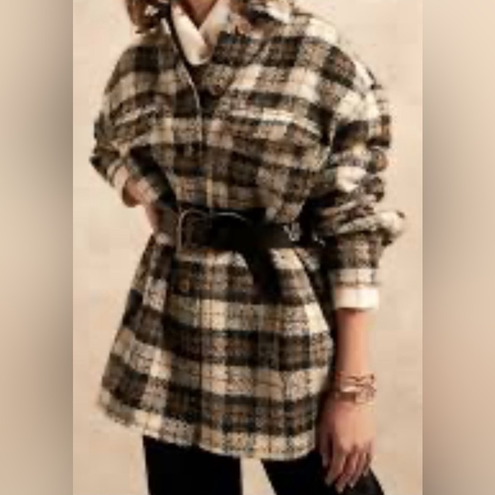 Banana Republic Oversized Italian Boucle Shirt Jacket Camel Plaid M‎  Wool Blend